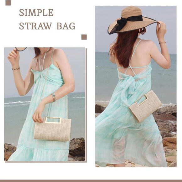 Women Straw Clutch Top Handle Woven Summer Evening Crossbody Bag Purse - Picture 8 of 8